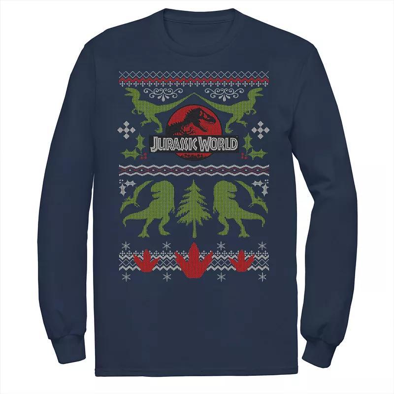 Mens Jurassic World Dinosaur Xmas Ugly Sweater Long Sleeve Graphic Tee Product Image