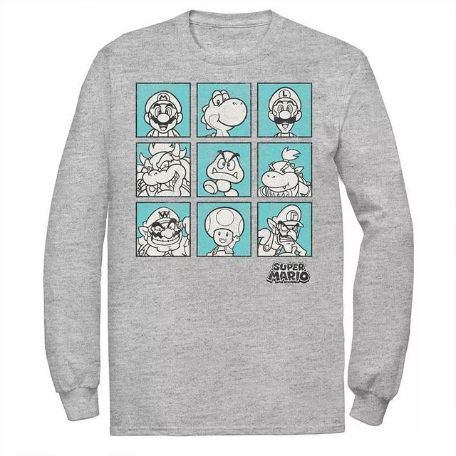 Big & Tall Nintendo Super Mario Teal Character Boxes Long Sleeve Graphic Tee, Mens Athletic Grey Product Image