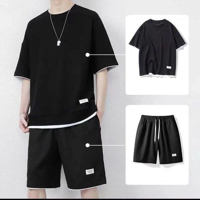 Set: Short-Sleeve Crew Neck Mock Two Piece Waffle T-Shirt + Drawstring Waist Sweat Shorts Product Image