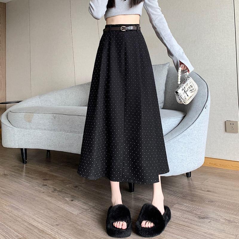 High Waist Dotted A-Line Midi Skirt Product Image