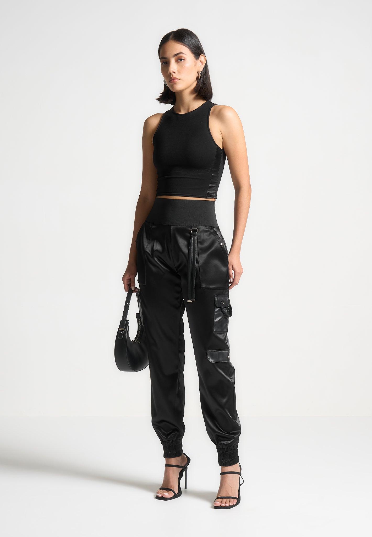 High Waisted Satin Cargo Trousers - Black Female Product Image