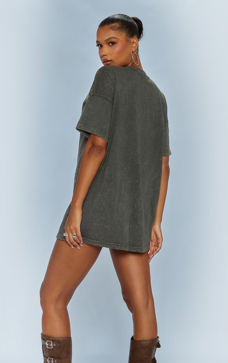 Khaki Acid Wash Long Sleeve Exposed Seam T Shirt Dress Product Image