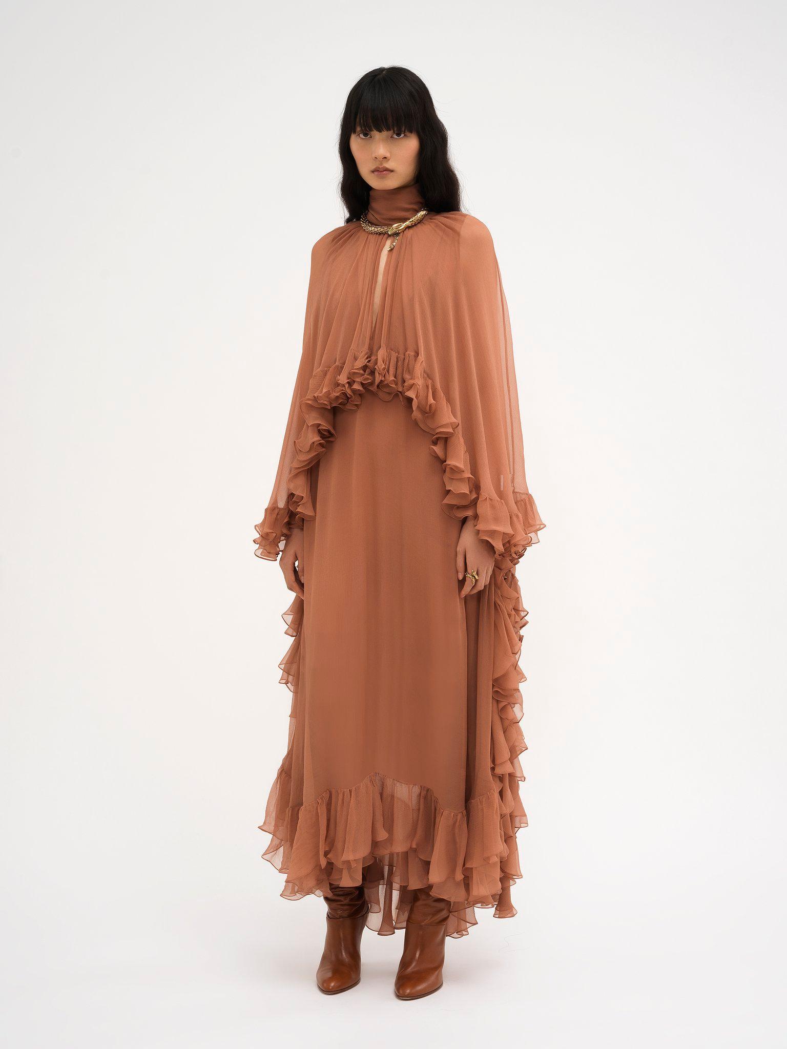 Mock-neck ruffle dress in silk mousseline Product Image