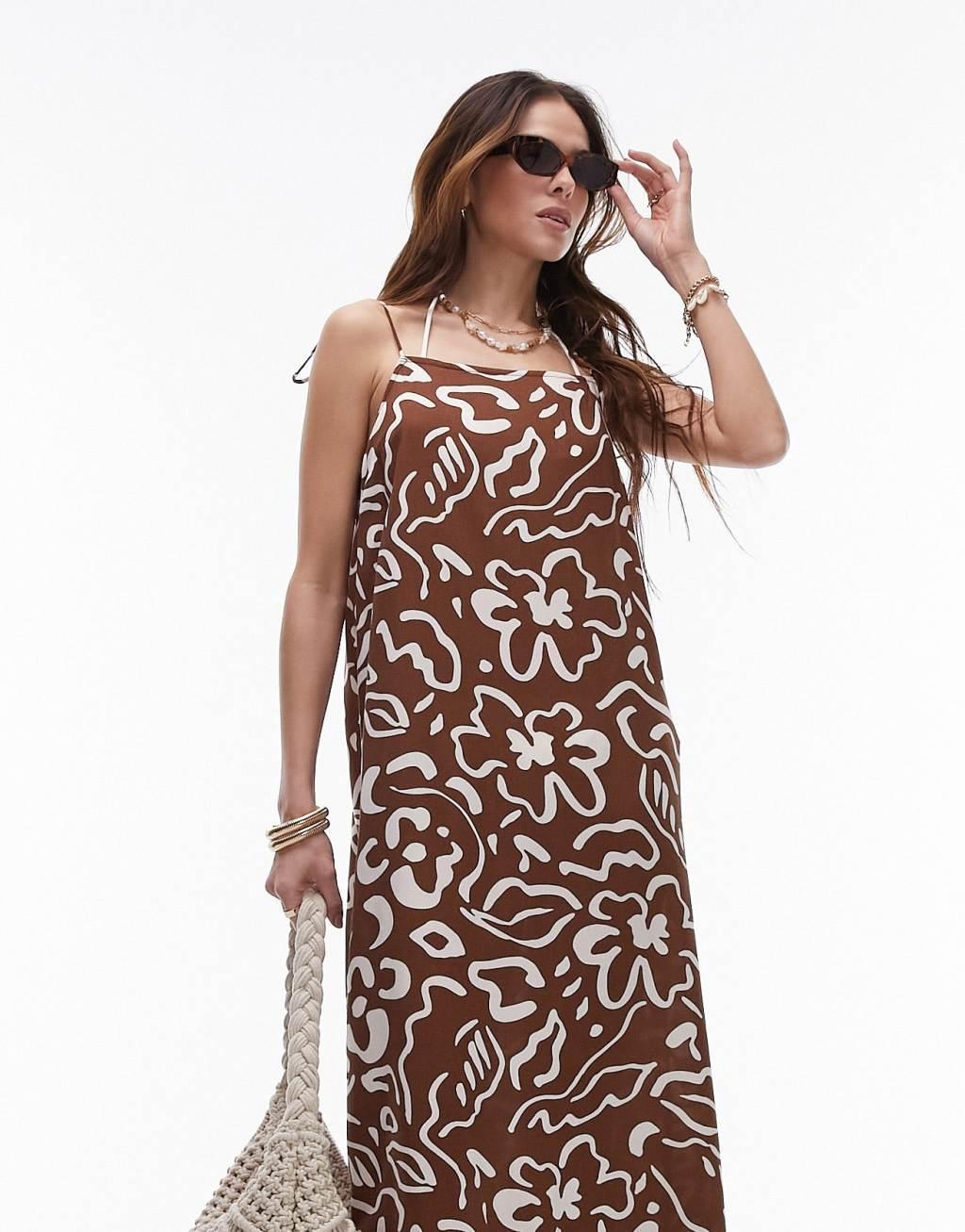 Topshop abstract floral print midi beach dress in chocolate  Product Image