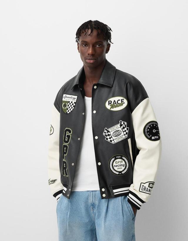 Leather effect jacket with patches Product Image