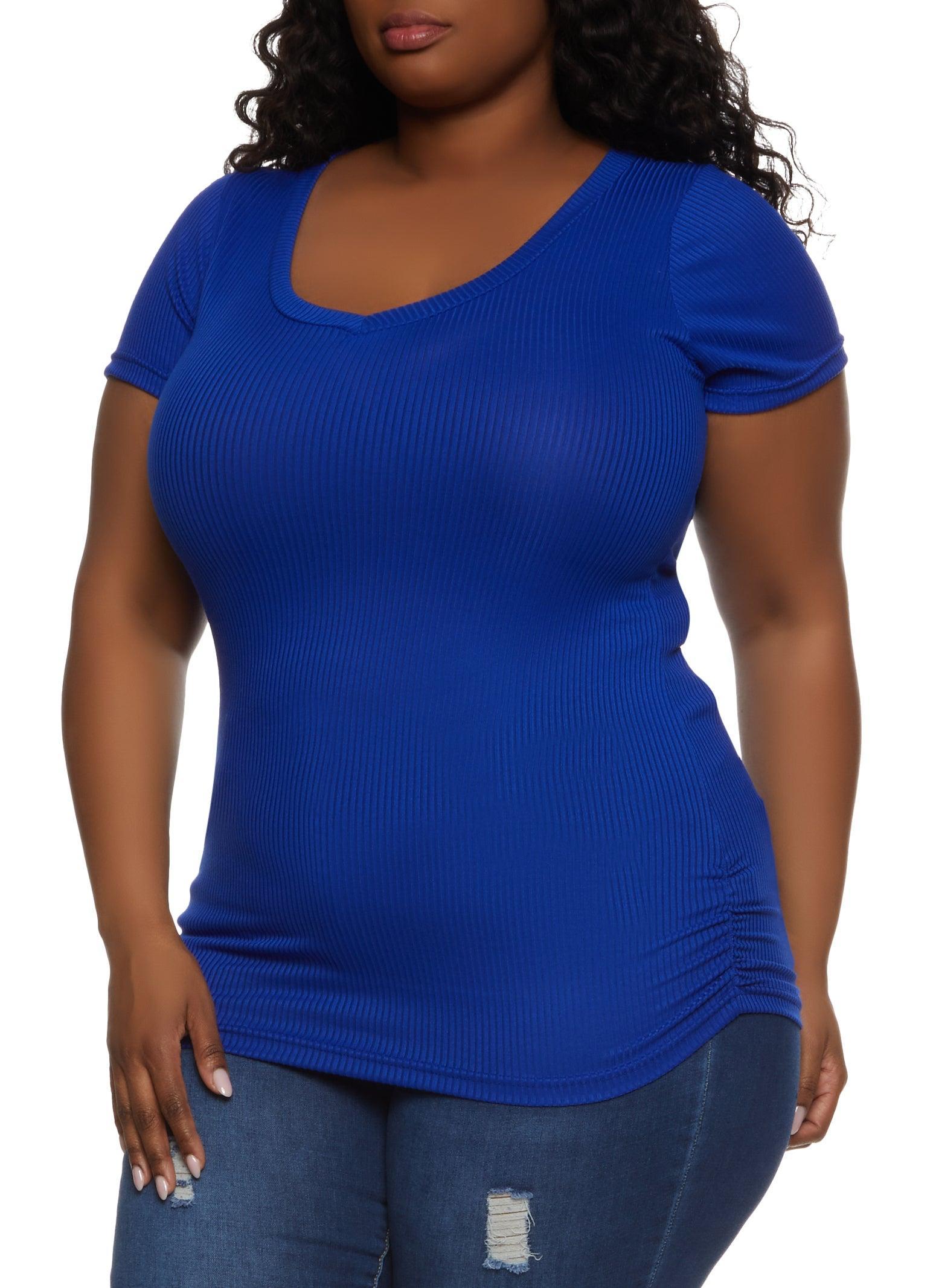 Womens Plus Size Rib Knit Ruched Side V Neck Tee Product Image