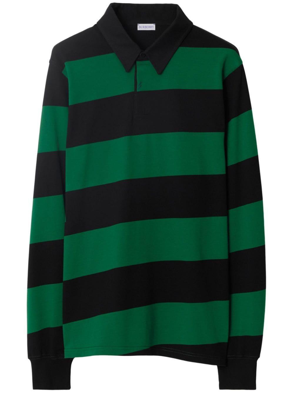 Long-sleeve Striped Cotton Polo Shirt In Black Product Image