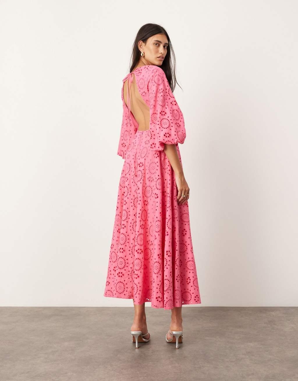 ASOS EDITION eyelet tie front midi dress with cut out detail in hot pink Product Image