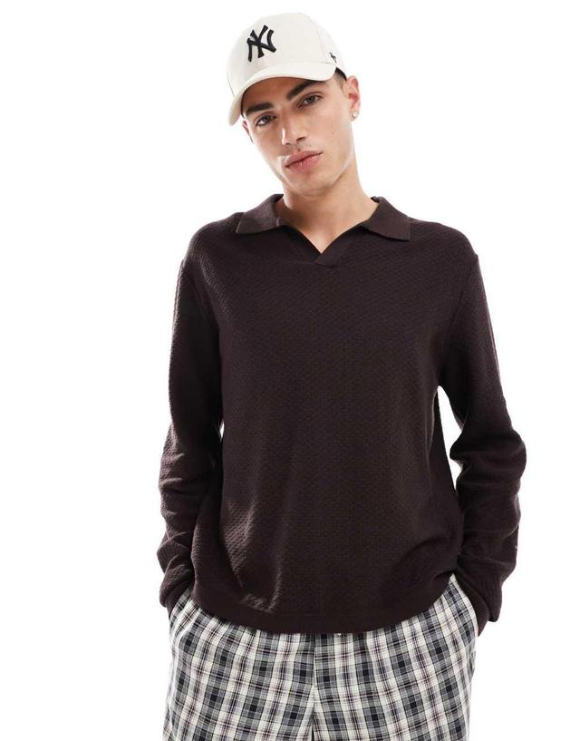 Cotton On knit long sleeve polo top in brown Product Image