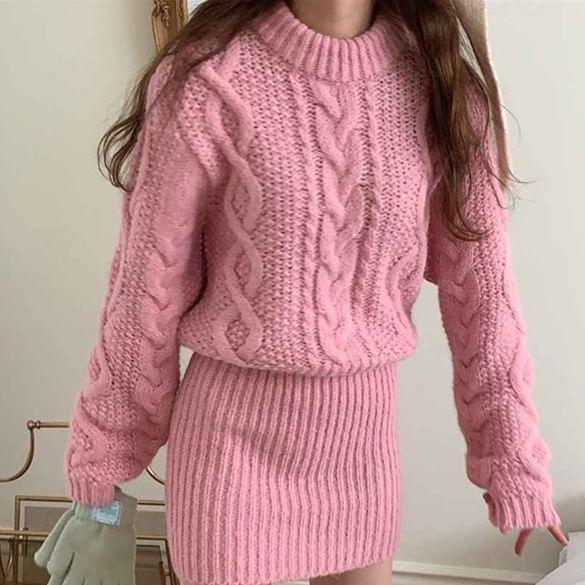 Long-Sleeve Crew Neck Plain Mini Cable Knit Sweater Dress Product Image