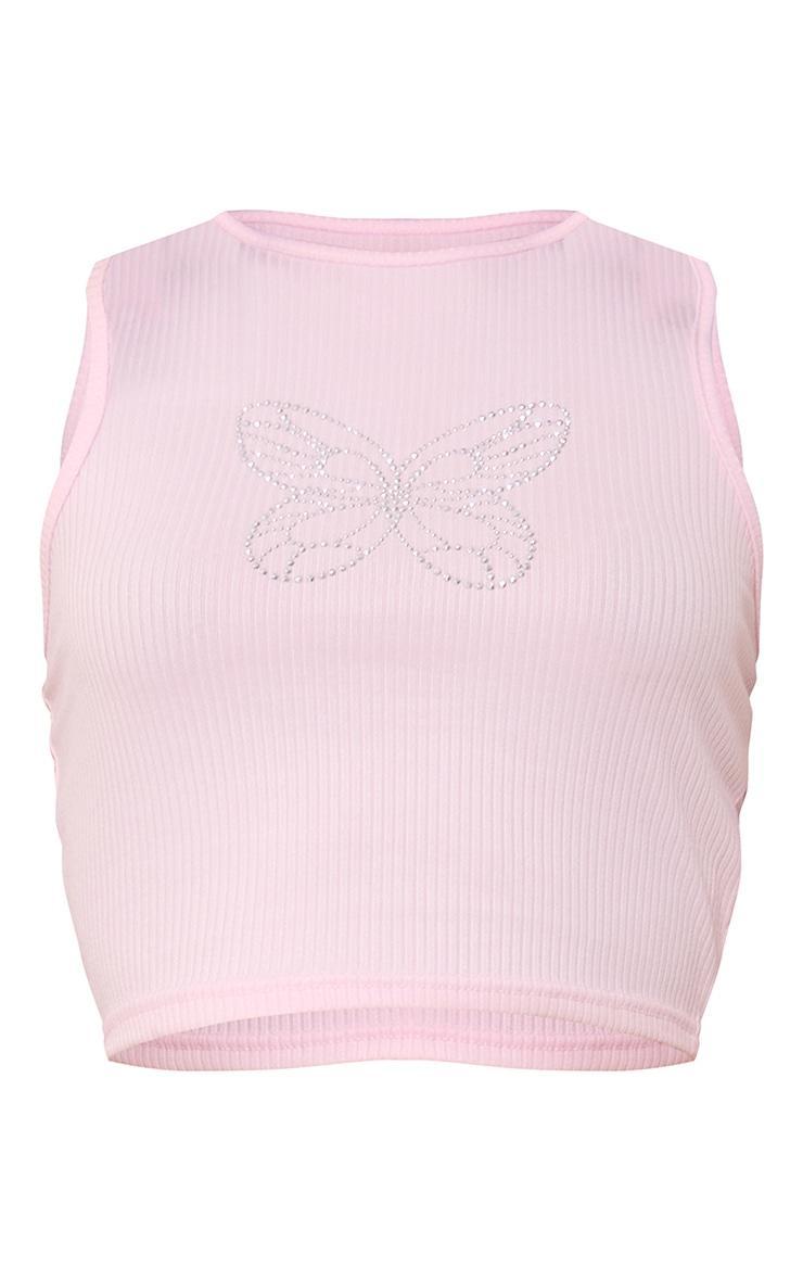 Light Pink Rib Butterfly Diamante Racer Top Product Image