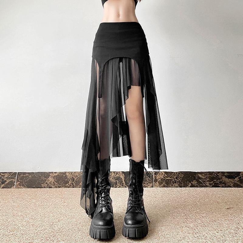 Mid Rise Plain Asymmetrical Panel Mesh A-Line Skirt Product Image