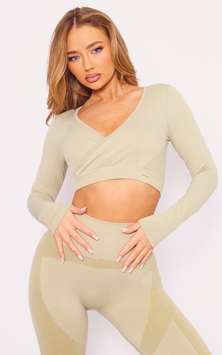 PLT SPORT Olive Seamless Cross Front Long Sleeve Crop Top Product Image