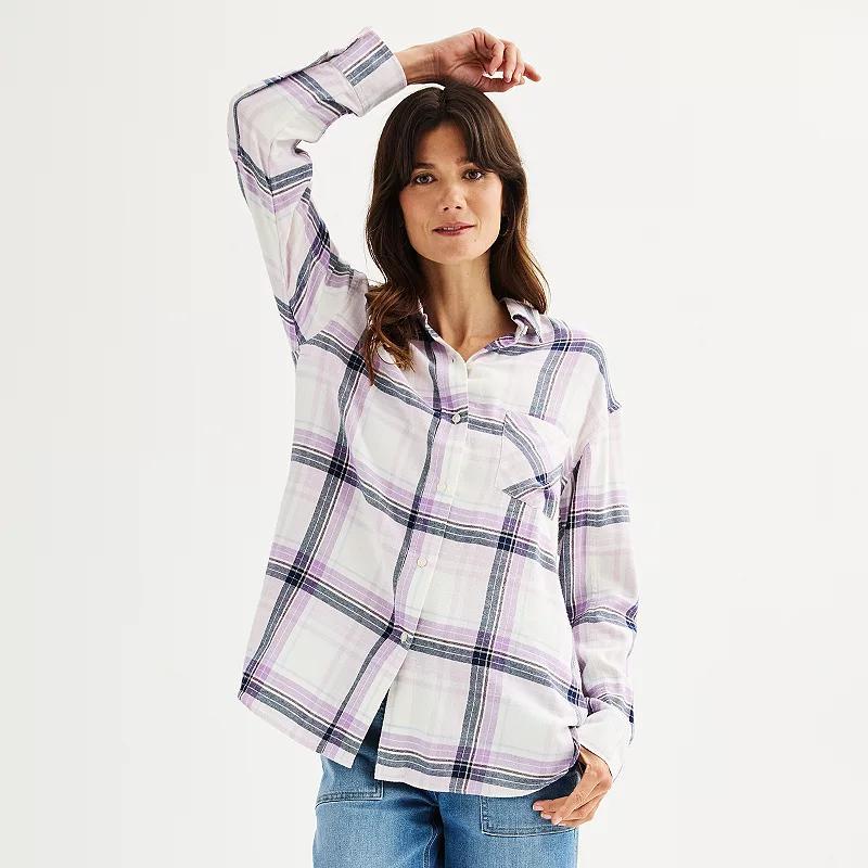 Womens Sonoma Goods For Life Oversized Boyfriend Flannel Pink Blue Plaid Product Image