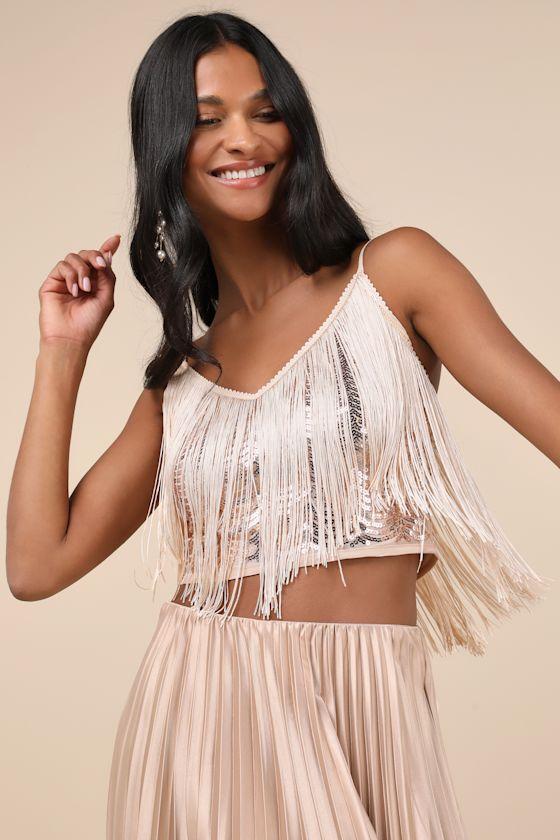 Get in the Groove Champagne Sequin Fringe Crop Top Product Image