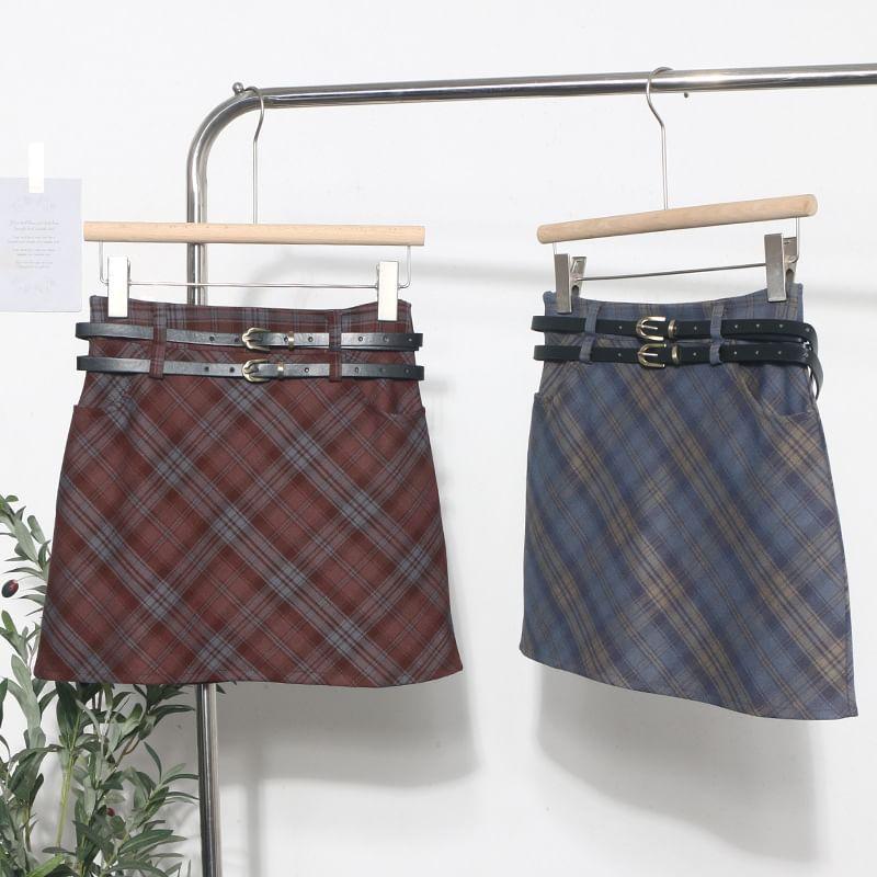 Set: High Waist Plaid Mini Skirt + Belt Product Image