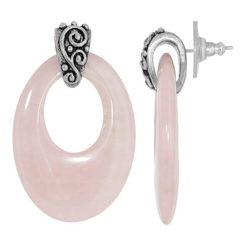 1928 Jewelry Pewter Oval Rose Quartz Hoop Earrings Product Image