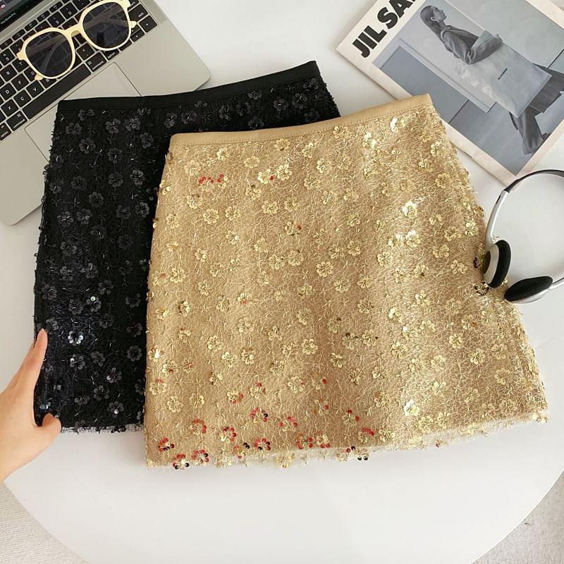 High Waist Sequined A-Line Mini Skirt Product Image