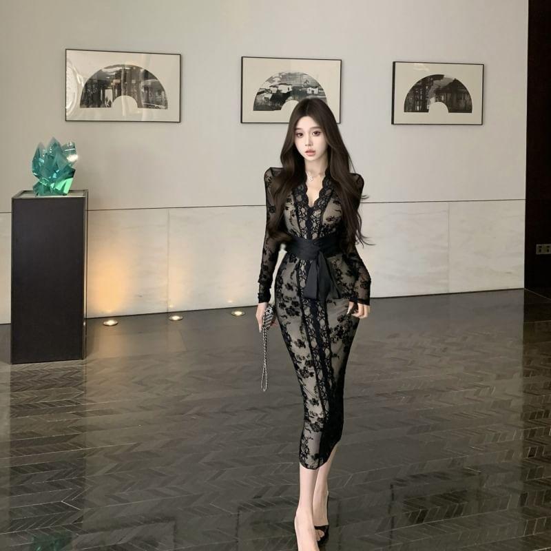 Long-Sleeve V-Neck Tie Waist Lace Bodycon Dress (Various Designs) Product Image