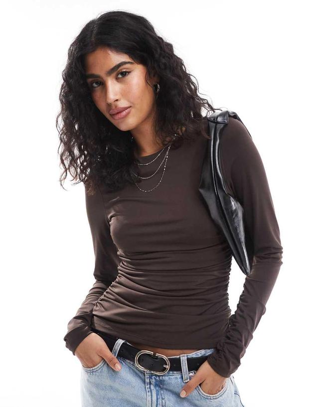 Vero Moda Aware slinky ruched long sleeve top in chocolate brown Product Image