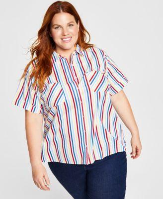 Plus Size Striped Camp Shirt Product Image