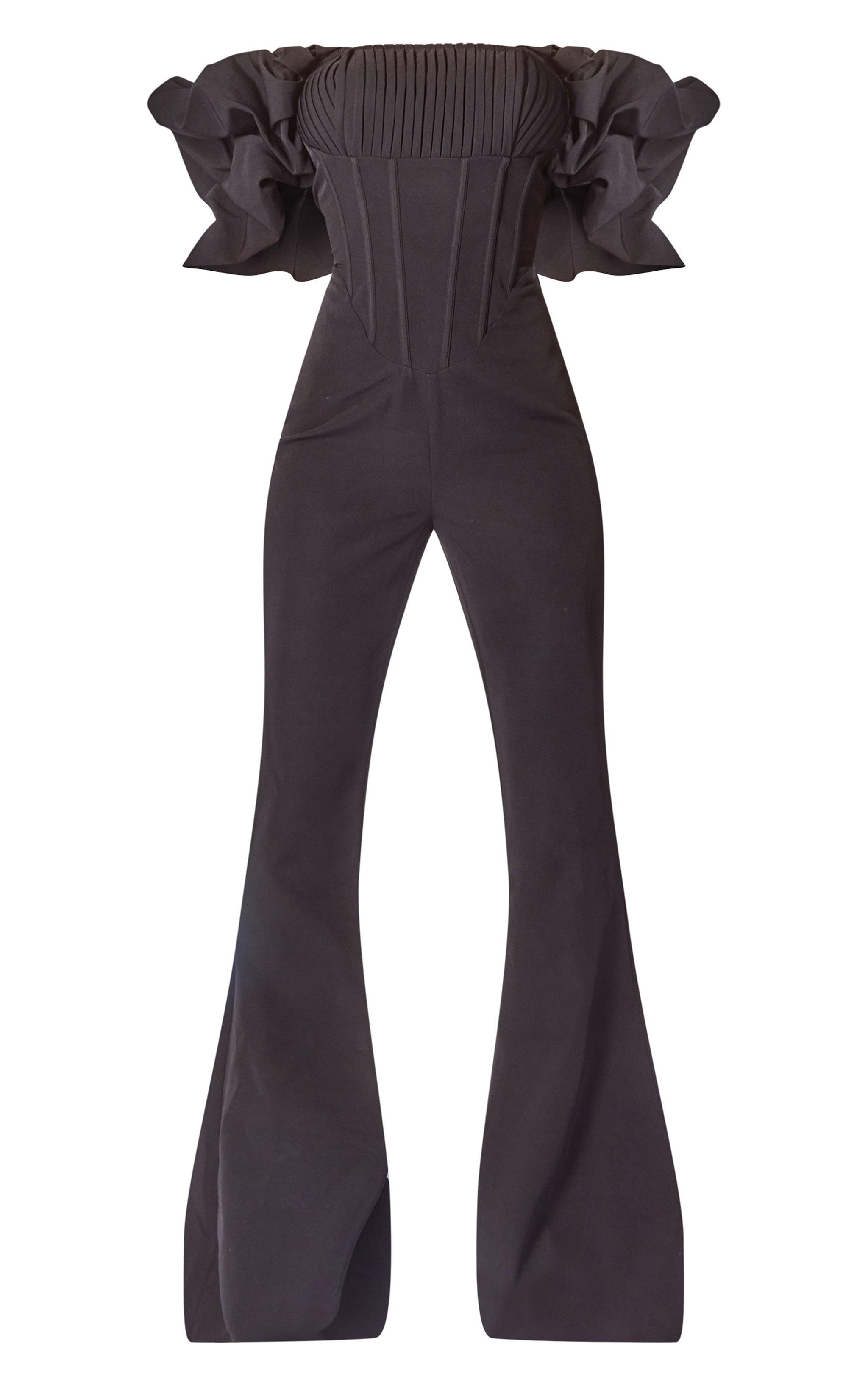 Black Woven Pleated Corset Detail Bardot Frill Jumpsuit. Product Image