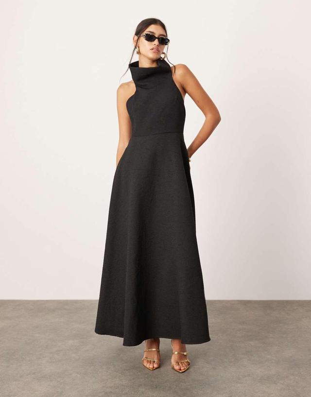 ASOS EDITION textured dramatic halter A-line maxi dress in black Product Image