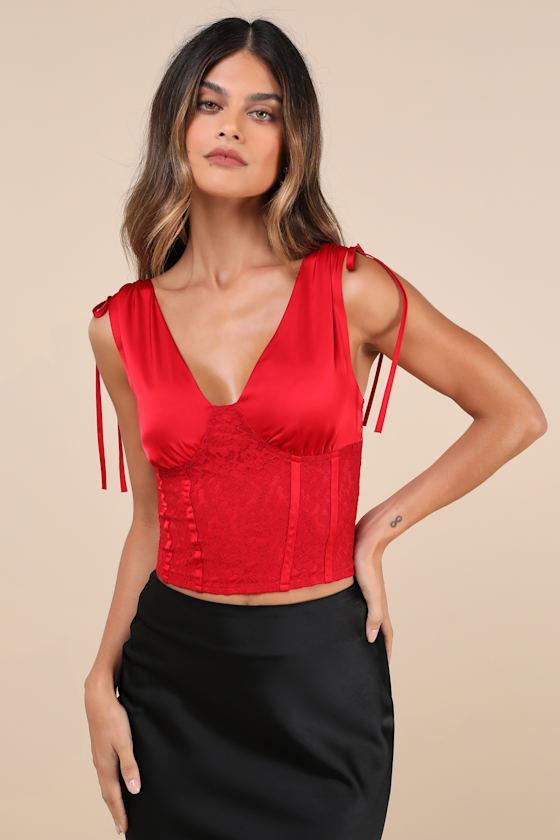 Dreamily Sultry Red Satin Lace Bustier Lace-Up Tank Top Product Image