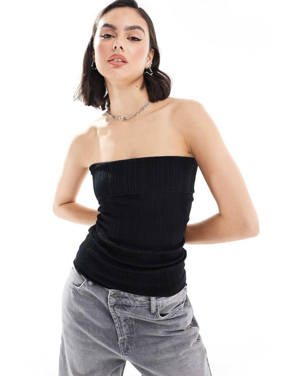 Mango ribbed fold over bandeau top in black Product Image