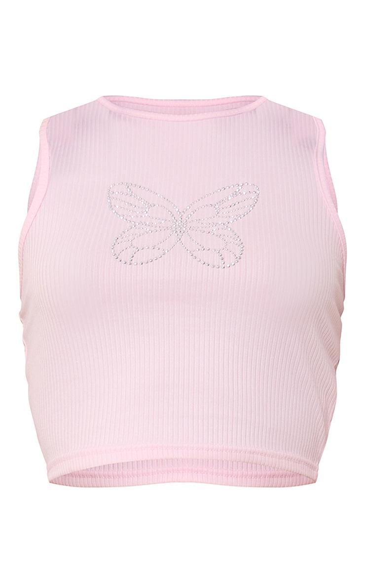 Plus Light Pink Rib Butterfly Diamante Racer Top Product Image