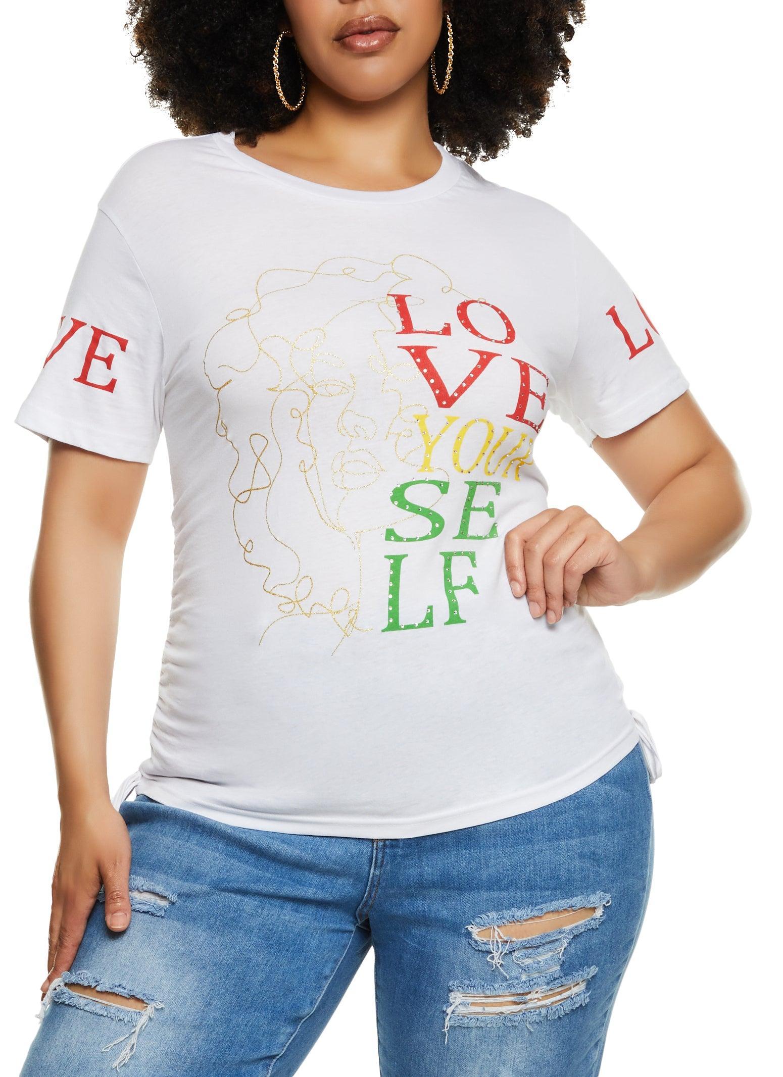 Womens Plus Size Rhinestone Love Yourself Laser Cut Graphic Tee Product Image