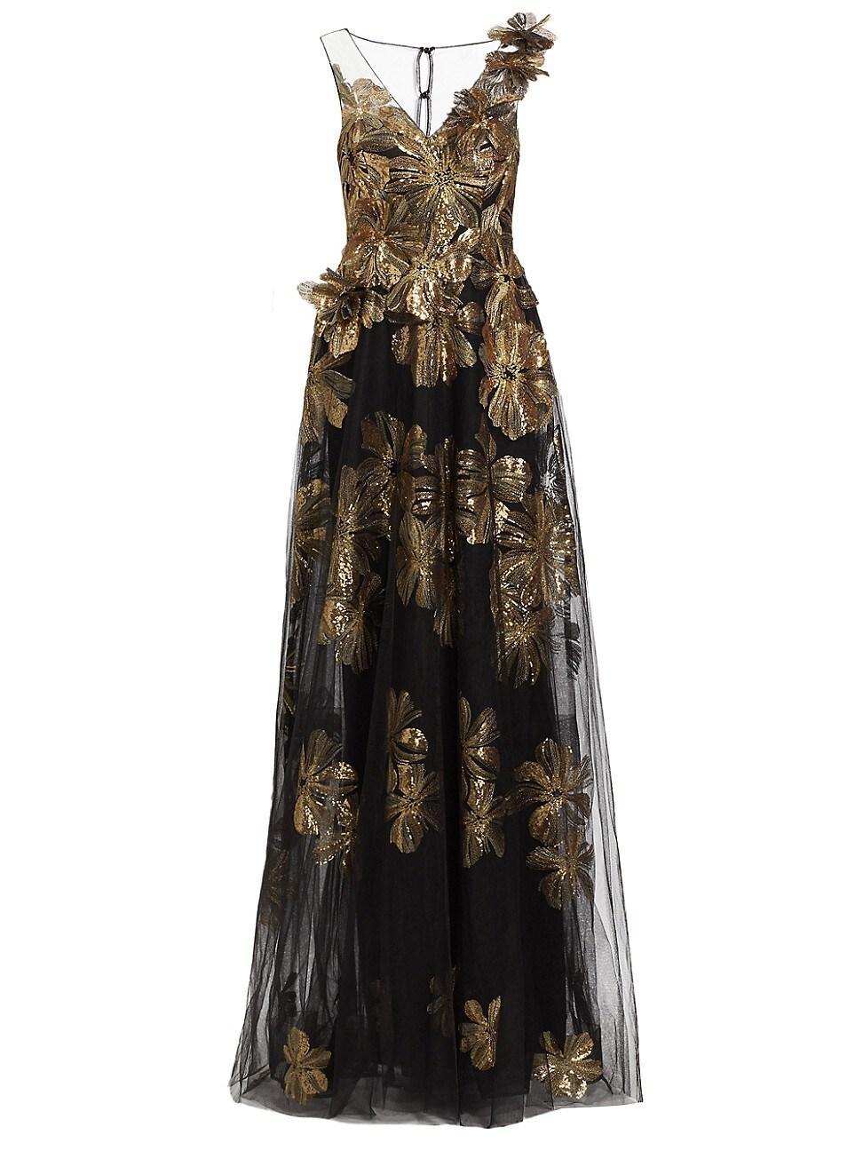 Womens Floral Sequined Tulle Gown Product Image