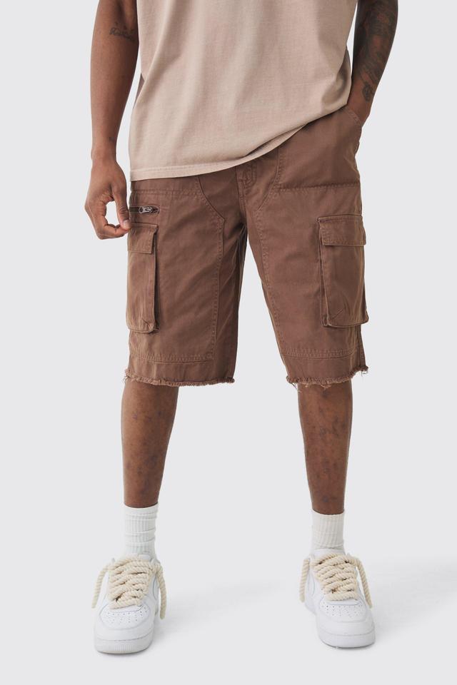 Mens Brown Tall Fixed Waist Raw Hem Relaxed Cargo Shorts, Brown Product Image