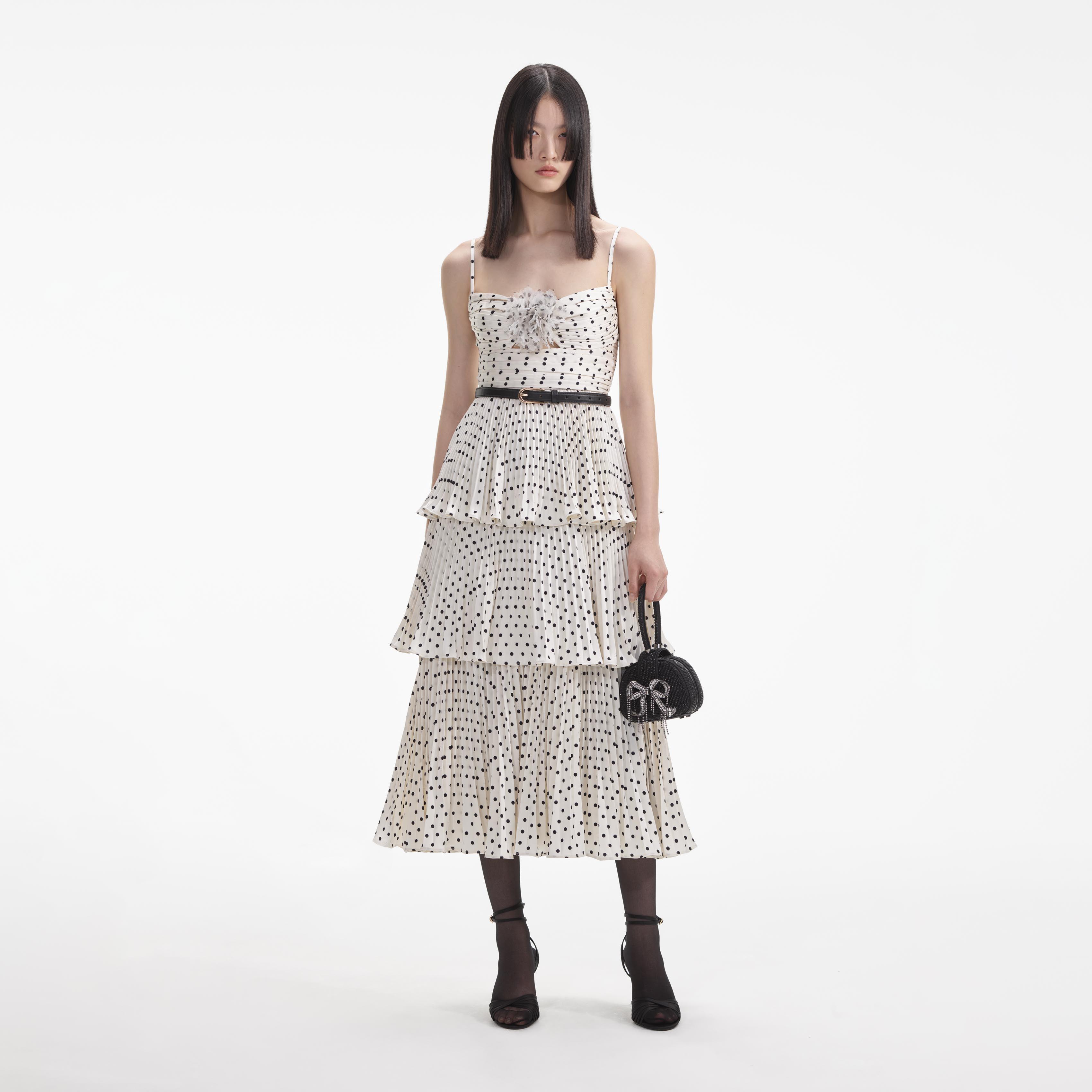 Cream Polka Dot Tiered Midi Dress Product Image