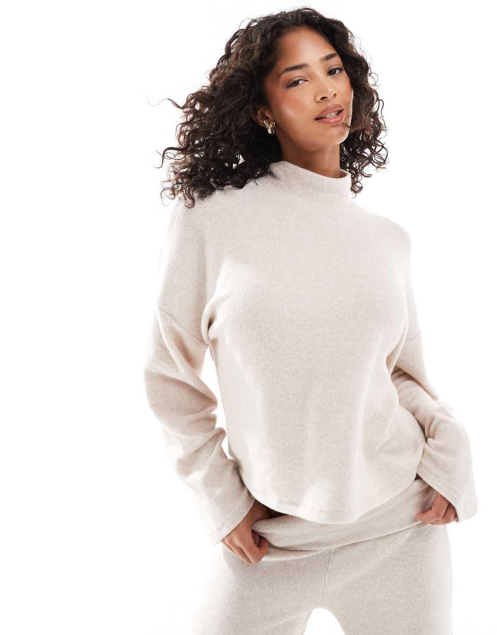 ASOS DESIGN slouchy high neck supersoft top in oatmeal - part of a set Product Image