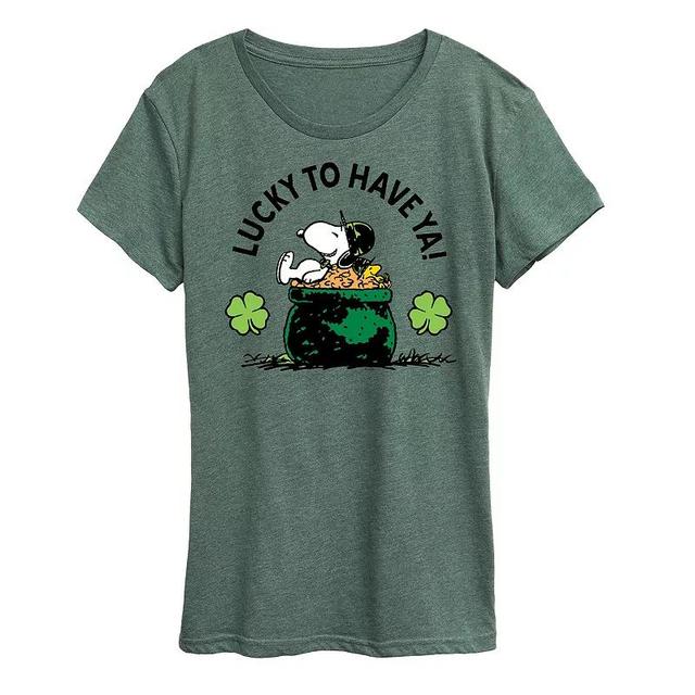 Womens Peanuts Snoopy & Woodstock Lucky To Have Ya Graphic Tee Grey Green Product Image