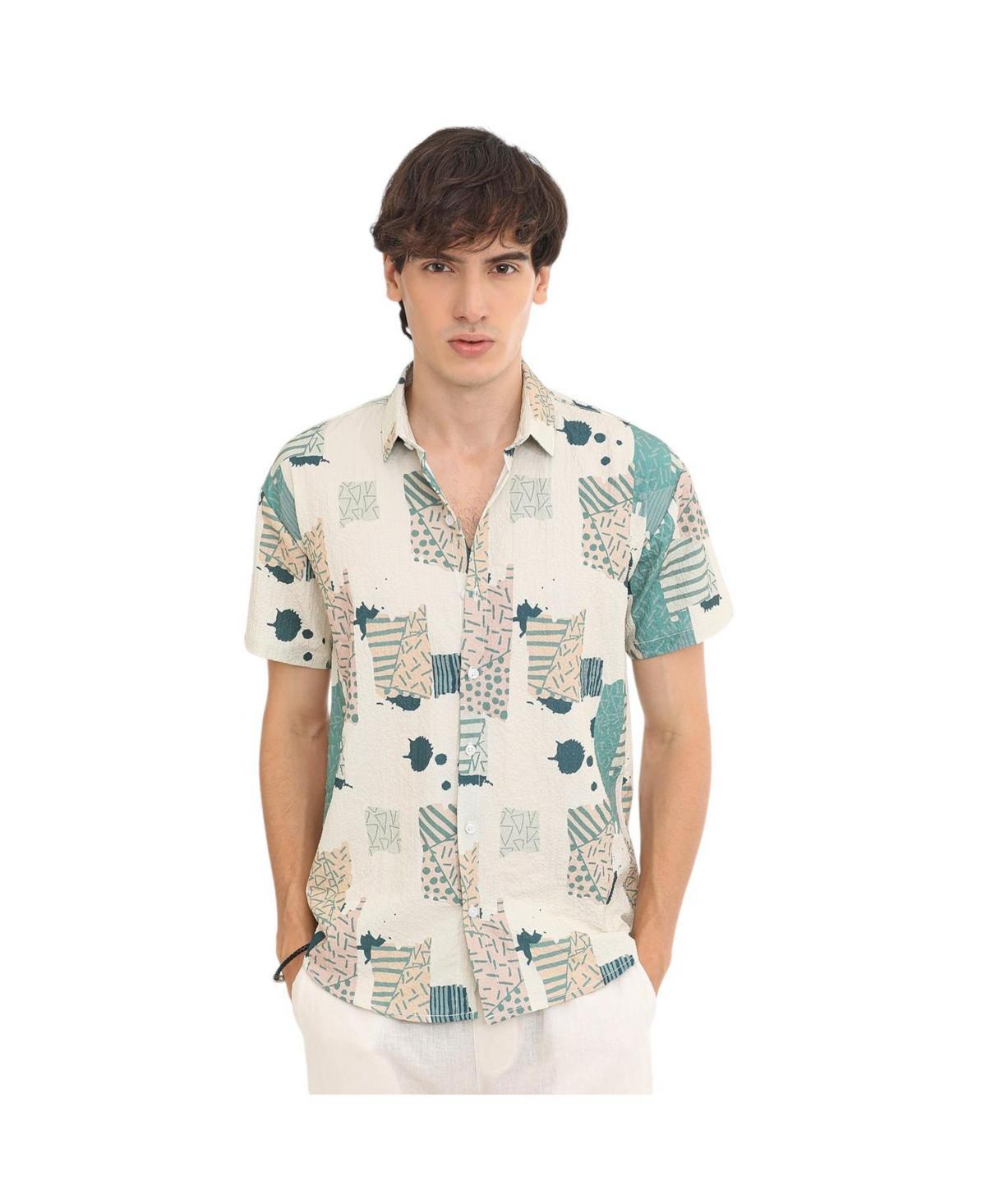 Campus Sutra Mens Forest Green & Bone Beige Abstract Seersucker Shirt Product Image