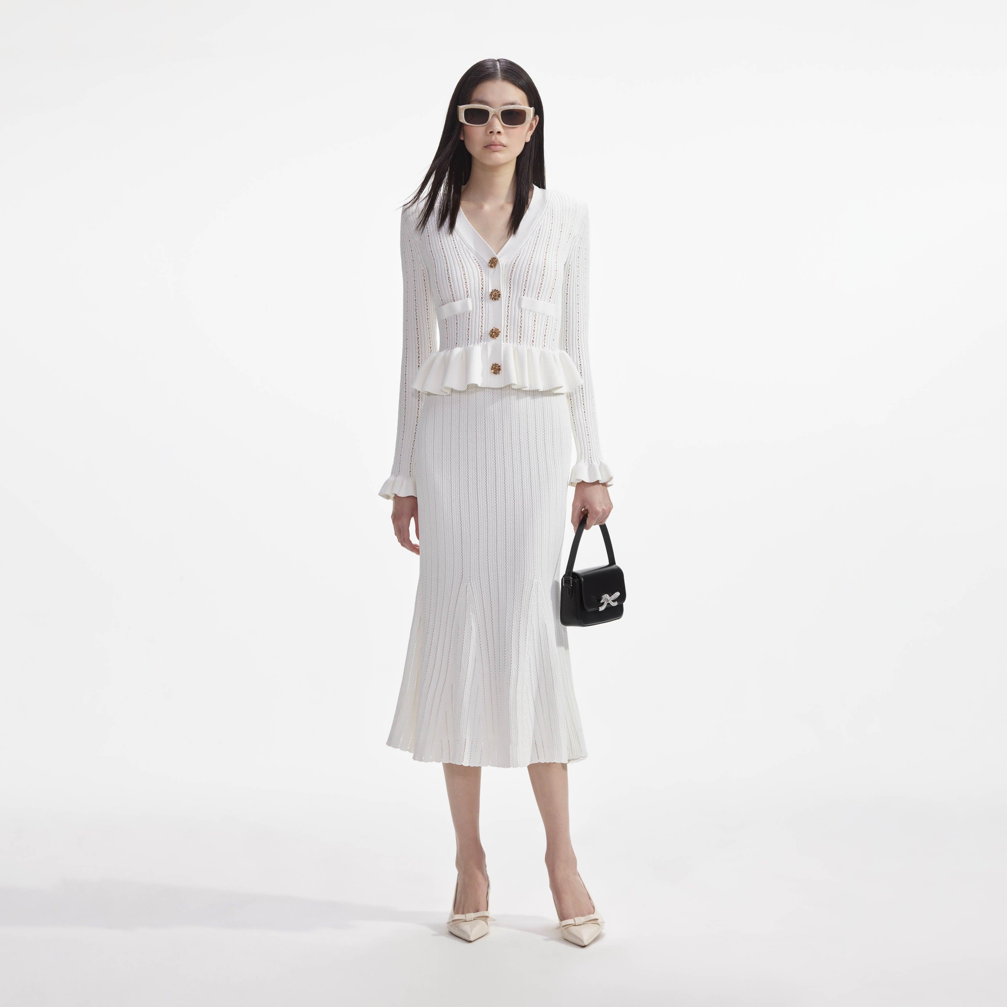 White Knit Peplum Midi Dress Product Image