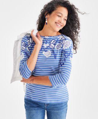 Petite Cotton Mixed-Print 3/4-Sleeve Top, Created for Macy's Product Image