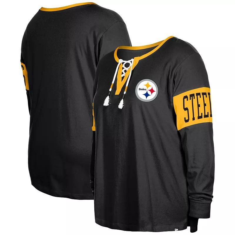 Womens New Era Pittsburgh Steelers Plus Size Lace-Up Notch Neck Long Sleeve T-Shirt Product Image