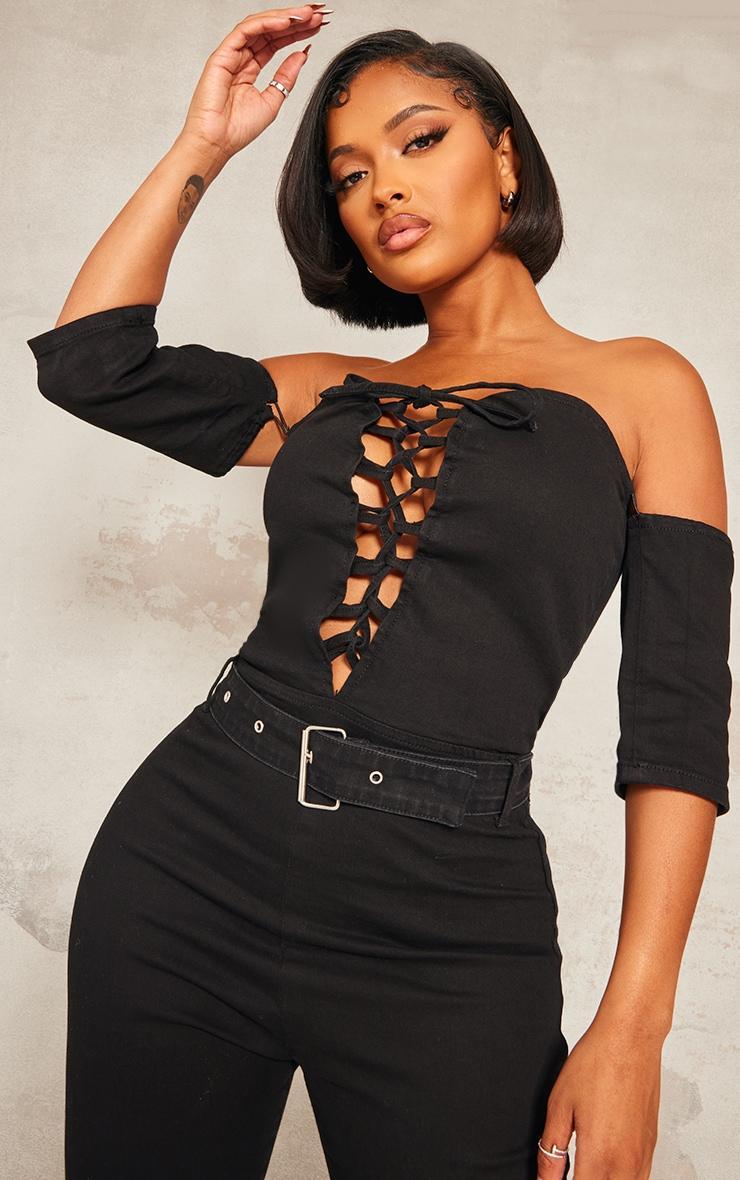 Shape Black Lace Up Bardot Stretch Denim Jumpsuit Product Image