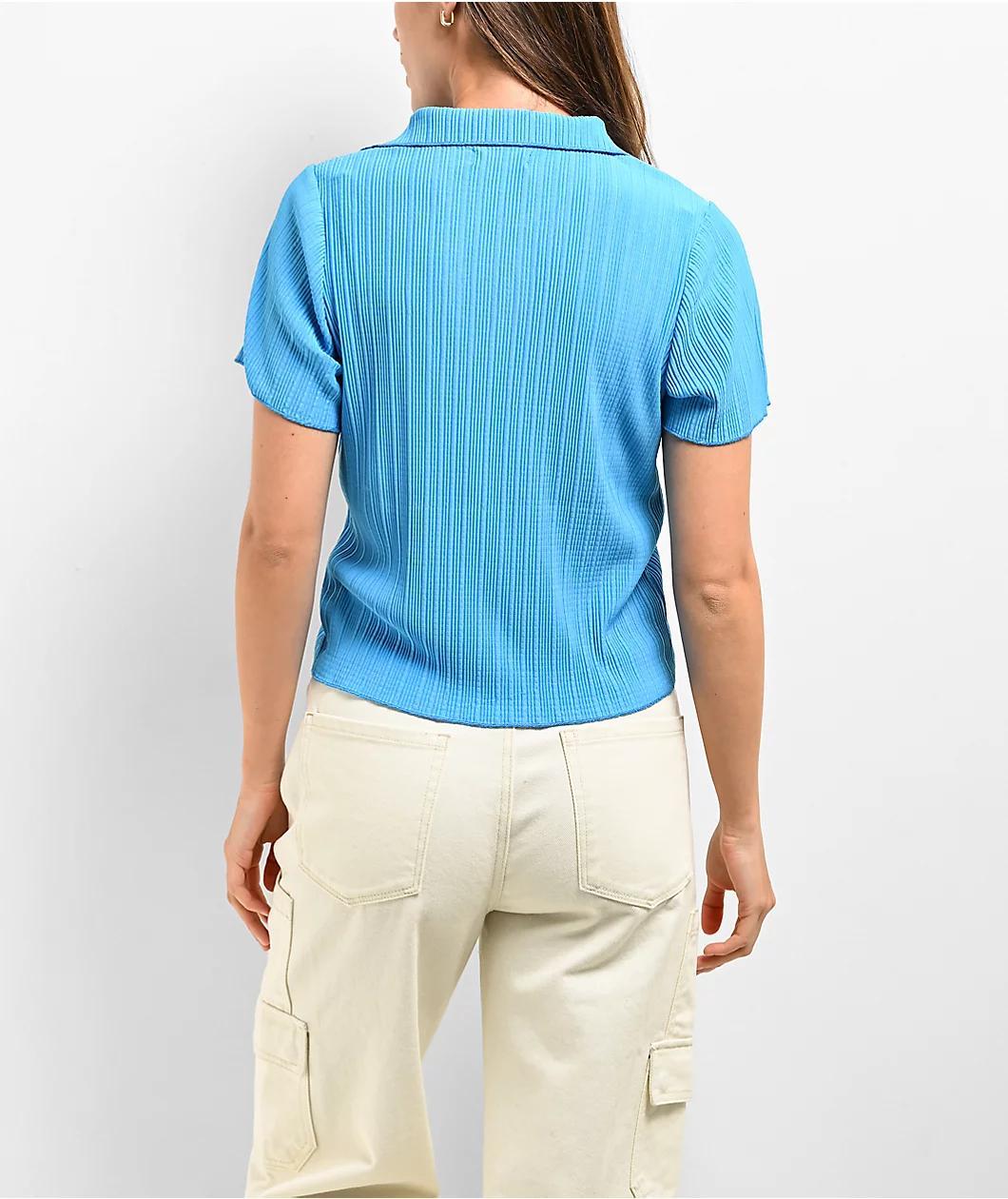 24COLOURS Ribbed Blue Button Up Short Sleeve Shirt Product Image