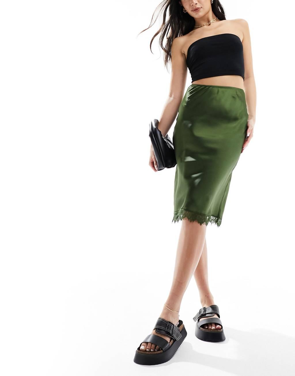 ASOS DESIGN satin midi skirt with lace trim in khaki product image