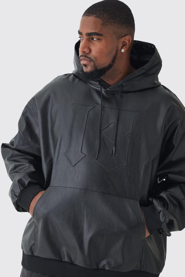 Mens Black Plus Oversized PU Drop Shoulder Embossed Hoodie, Black Product Image