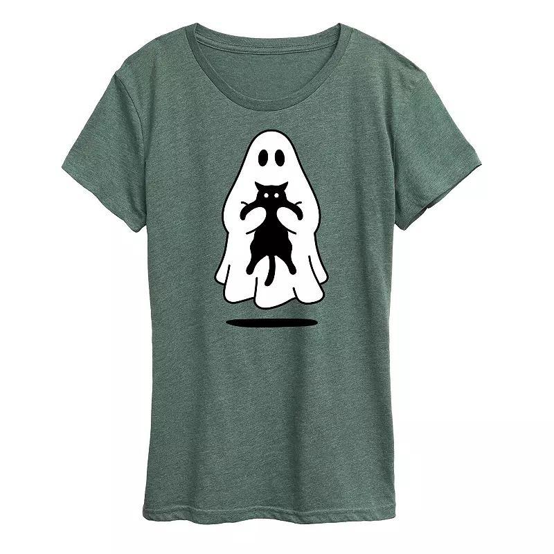 Plus Size Ghost Holding Black Cat Graphic Tee, Womens Grey Green Product Image