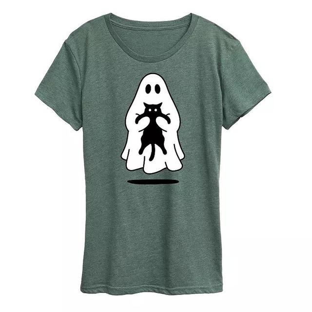 Plus Size Ghost Holding Black Cat Graphic Tee, Womens Grey Green Product Image