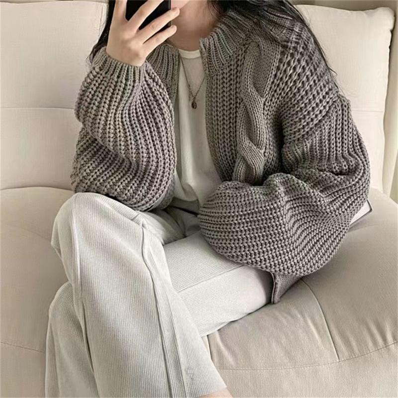 Round Neck Plain Cable Knit Zip Cardigan Product Image