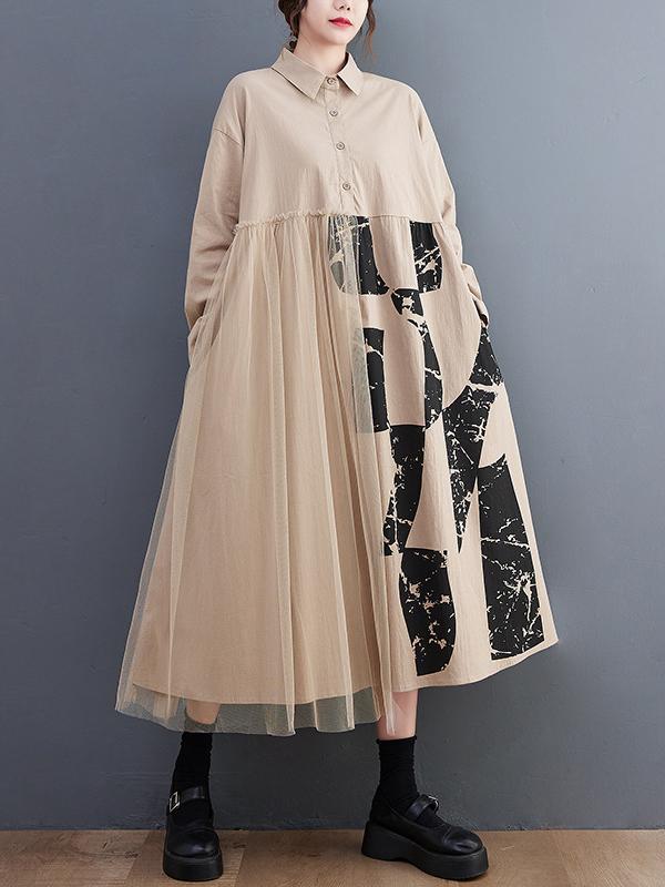 Casual Long Sleeves Loose Contrast Color Split-Joint Lapel Collar Midi Dresses Product Image