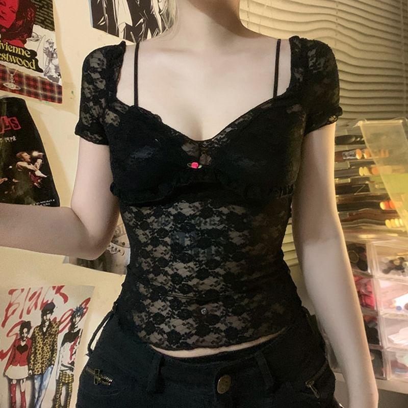 Short Sleeve Lace Trim See-Through V-Neck Crop Top Product Image