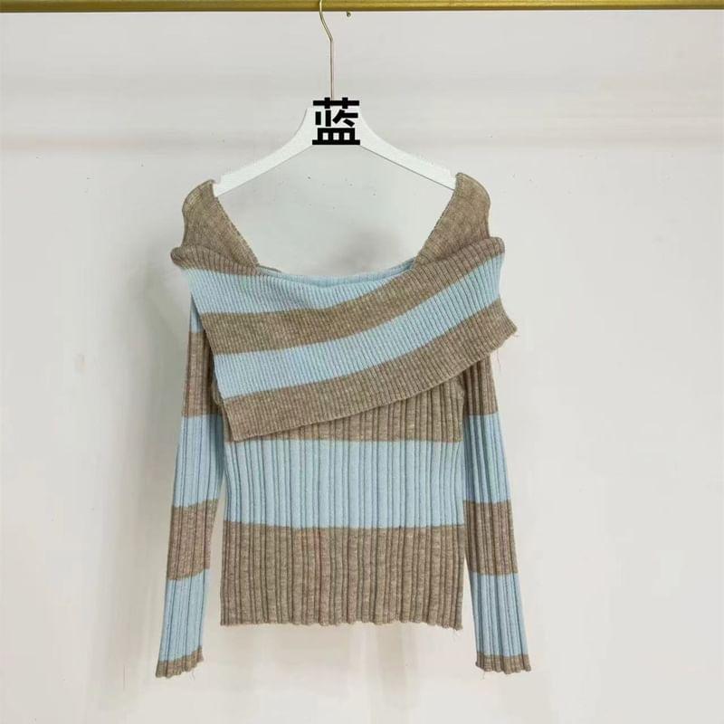 Long-Sleeve Boat Neck Striped Ribbed Knit Top Product Image